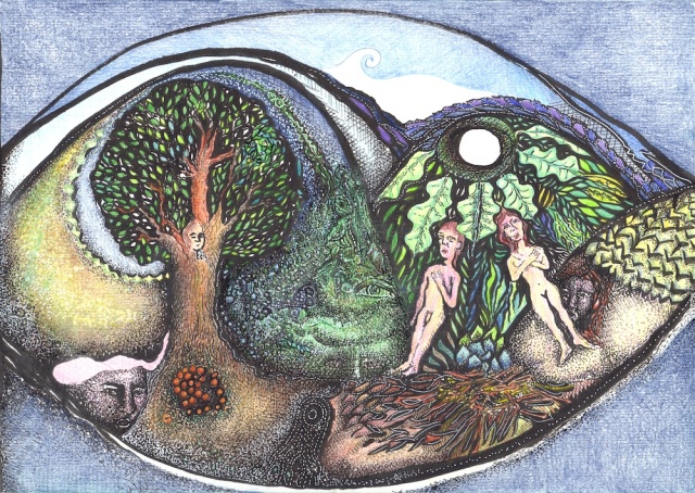black and white drawing of an Oak tree on the left side of the landscape and a male and female figure on the right side, merging into a landscape of oak leaves